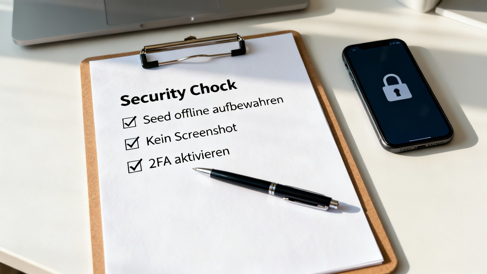 Sicherheitscheckliste auf einem Klemmbrett mit drei angekreuzten Punkten und einem Smartphone mit Schloss-Symbol.
