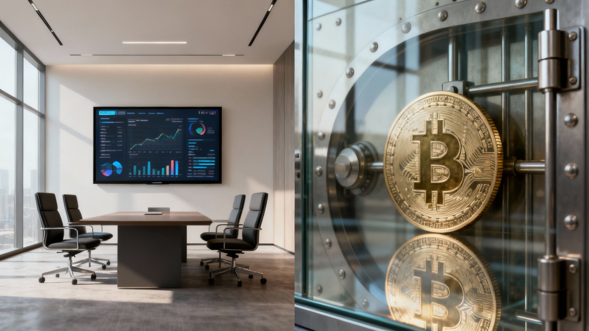 Modernes Konferenzzimmer mit Bildschirm voller Finanzdaten und eine goldene Bitcoin-Münze in einem Safe.