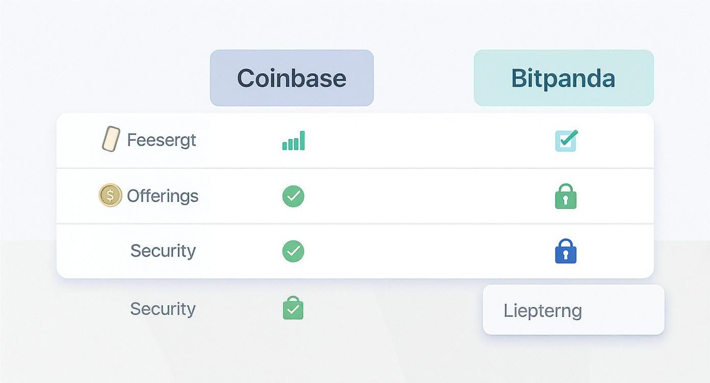 Vergleichstabelle zwischen Coinbase und Bitpanda zeigt Merkmale wie Gebühren, Angebote und Sicherheit mit Symbolen.