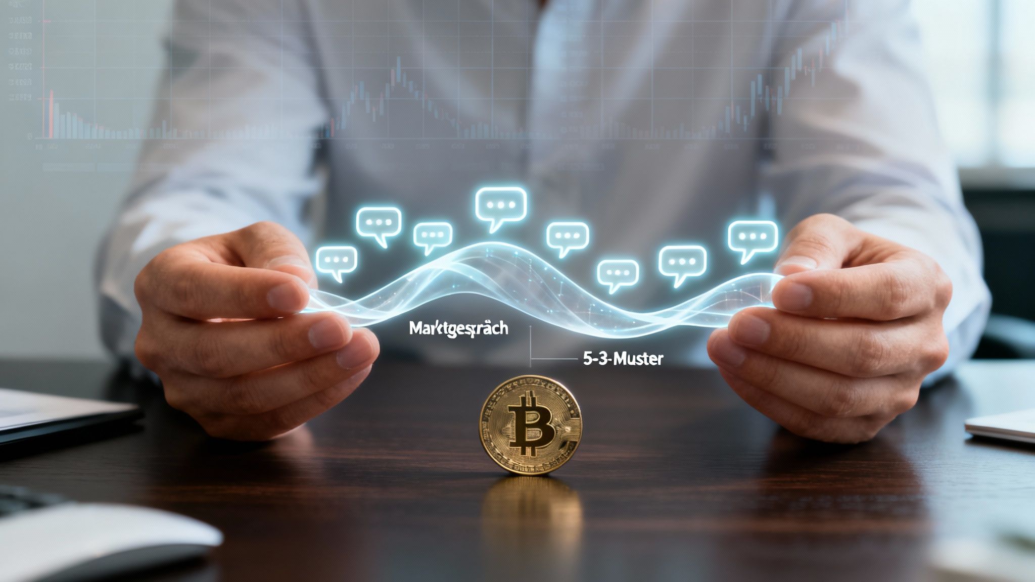 Mann hält digitale Welle mit Chat-Symbolen, Bitcoin und Börsenchart, symbolisiert Marktgespräch und 5-3-Muster.