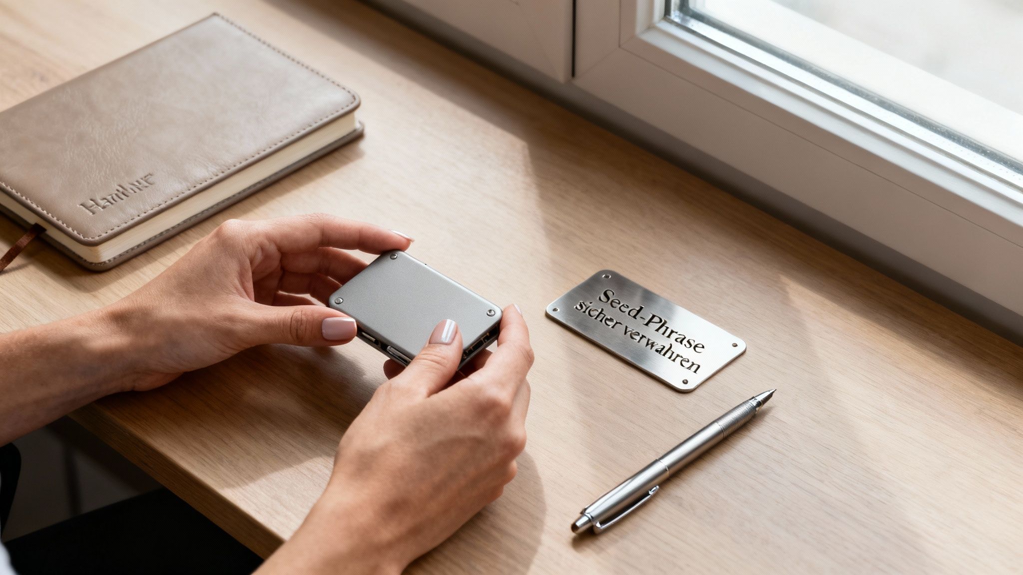 Hände halten ein Hardware Wallet. Daneben liegen eine Seed-Phrase-Platte, ein Notizbuch und ein Stift.