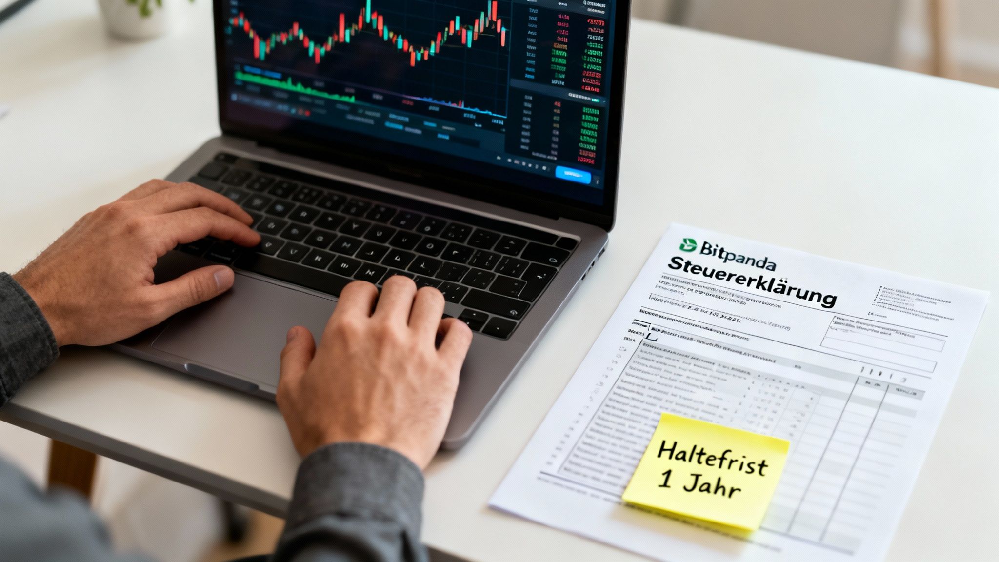 Person füllt am Laptop die Bitpanda Steuererklärung aus, mit Börsenkursen und wichtiger Notiz zur Haltefrist.