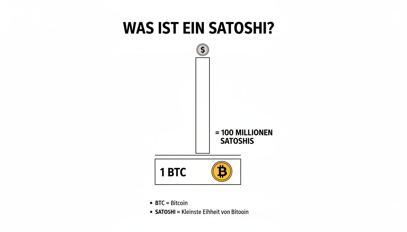 Visualisierung, die erklärt, was ein Satoshi ist, die kleinste Einheit von Bitcoin (BTC).