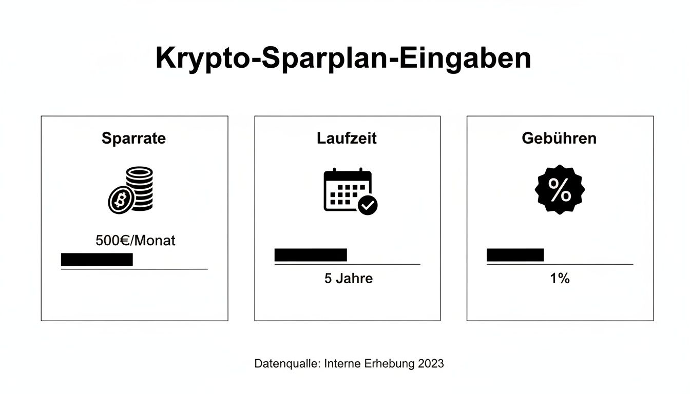 Übersicht der Eingaben für einen Krypto-Sparplan: Sparrate (500€/Monat), Laufzeit (5 Jahre) und Gebühren (1%).