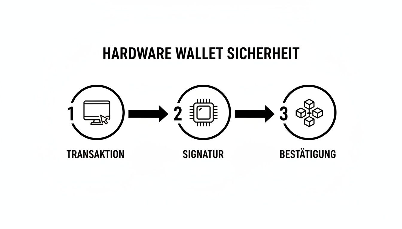 Ein Diagramm zeigt die drei Schritte der Hardware Wallet Sicherheit: Transaktion, Signatur und Bestätigung.