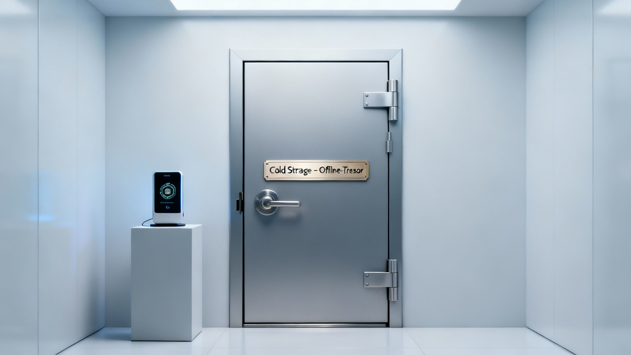 Sicherer Raum mit einer Stahltreppe und einem digitalen Gerät zur Überwachung und Speicherung.