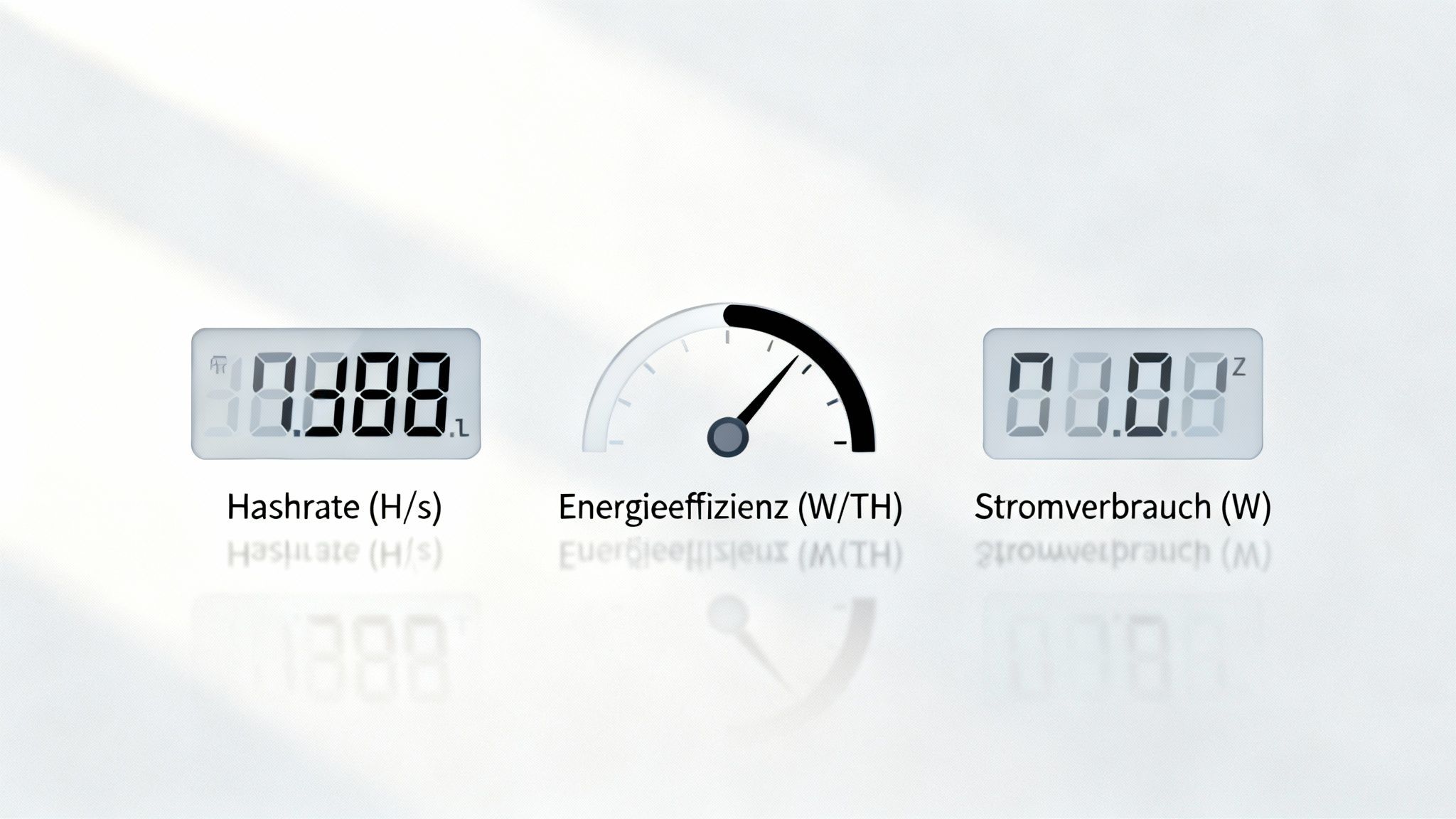 Drei digitale Anzeigen zeigen Hashrate, Energieeffizienz und Stromverbrauch für Kryptowährungs-Mining.