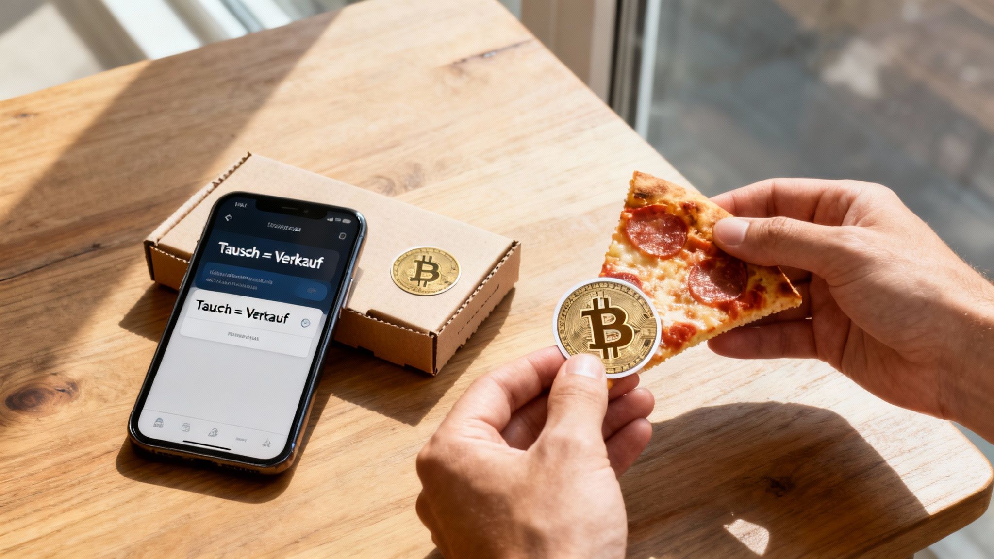 Eine Person hält ein Stück Pizza und eine Bitcoin-Münze neben einem Smartphone mit Krypto-App.