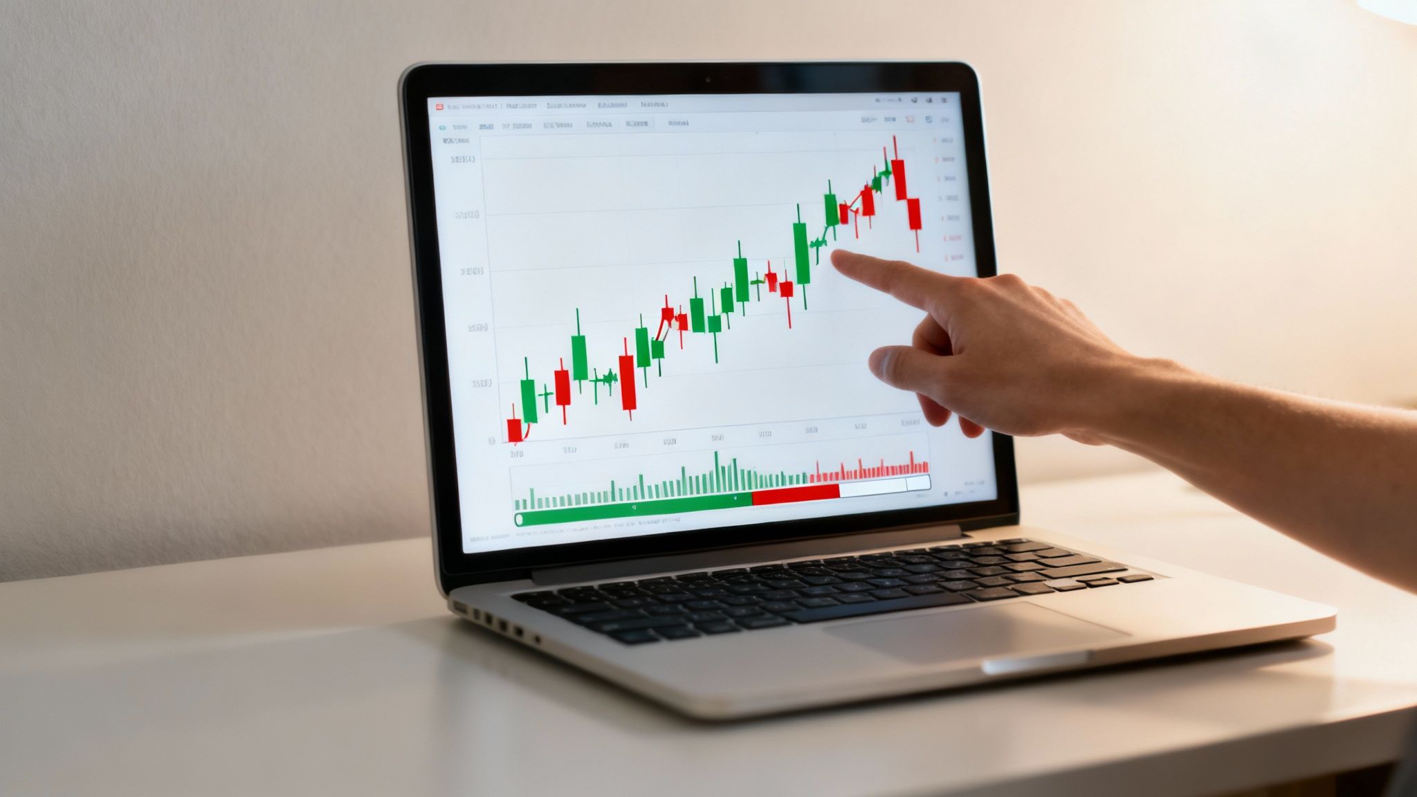 Ein Kerzenchart für Bitcoin auf einem Computerbildschirm, der die Grundlagen der Chartanalyse zeigt