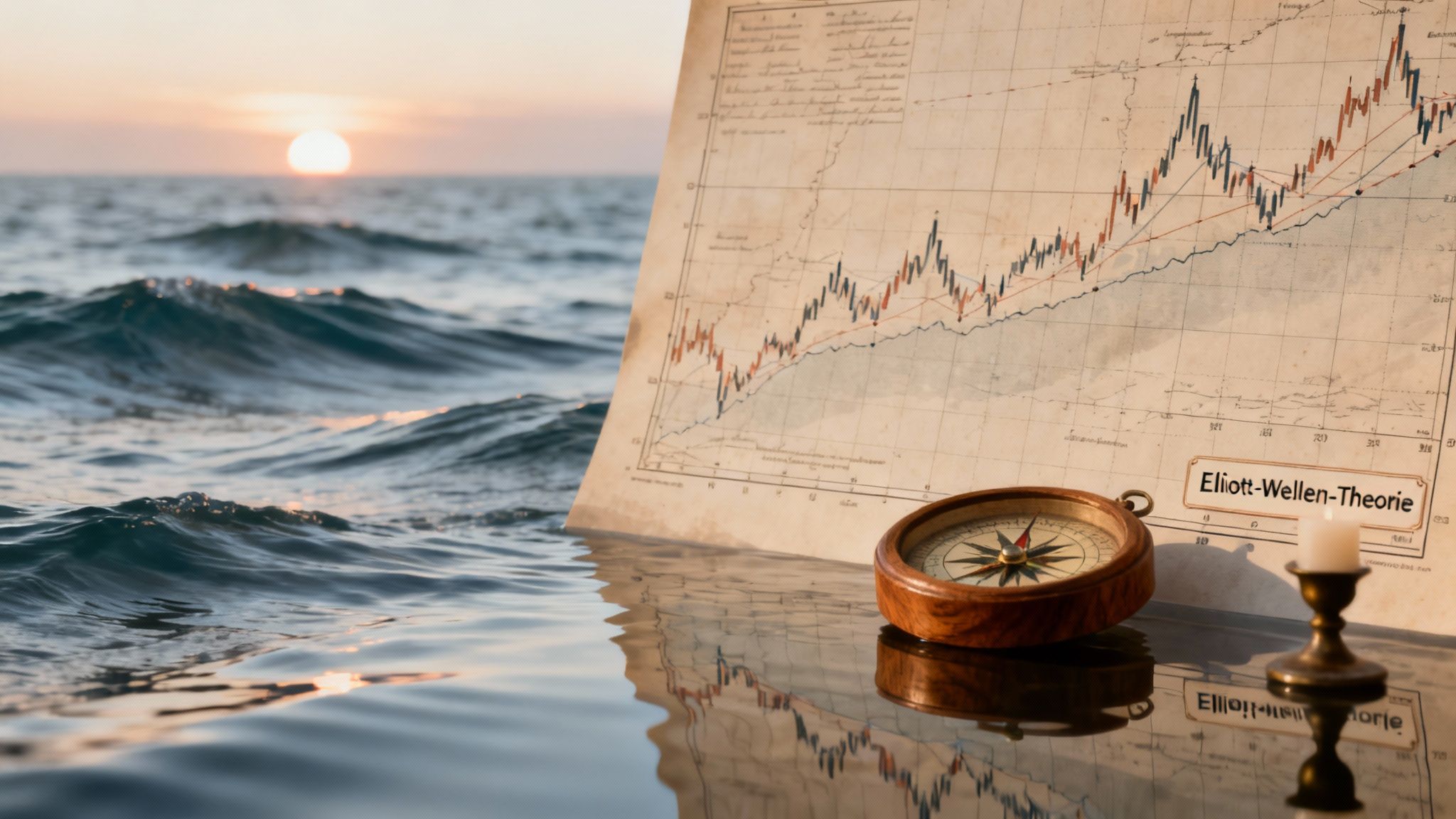 Karte mit Finanzchart, Kompass und Kerze auf spiegelndem Wasser bei Sonnenuntergang.