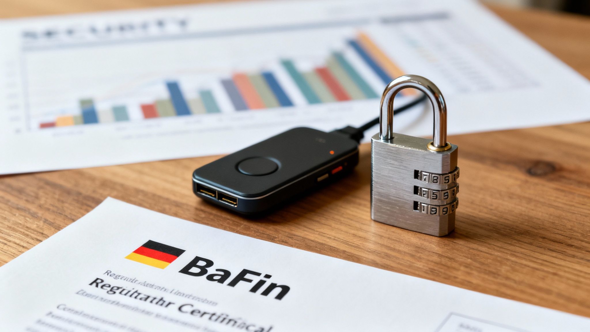 Ein Kombinationsschloss, ein USB-Gerät und BaFin-Dokumente auf einem Holztisch, symbolisierend Datensicherheit und Finanzregulierung.
