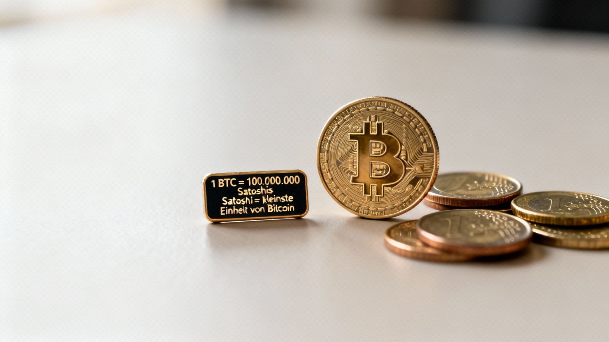 Goldene Bitcoin-Münze, ein Schild zur Definition von Satoshi und Euro-Münzen auf hellem Hintergrund.