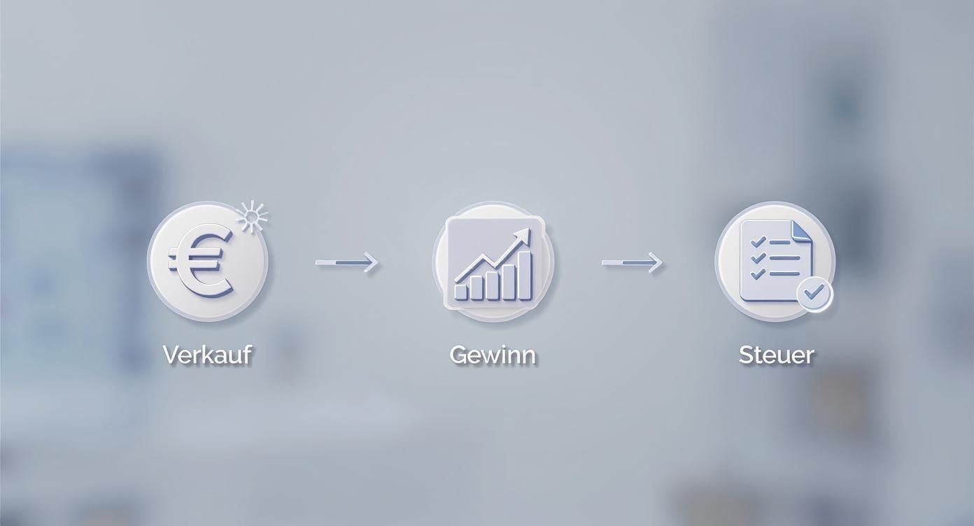 Diagramm zeigt den Prozess von Verkauf (Euro-Symbol), Gewinn (Balkendiagramm) und Steuerabwicklung (Dokument mit Checkliste).