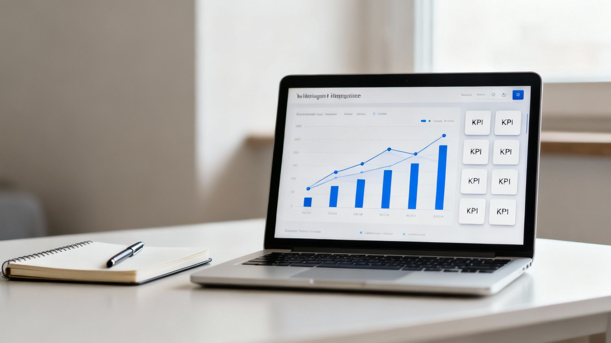 Laptop auf einem Schreibtisch zeigt ein Dashboard mit Datenvisualisierungen, daneben ein Notizbuch und Stift.