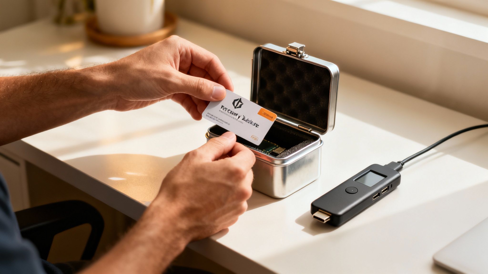 Person legt eine weiße Recovery-Karte in ein Metallgehäuse einer Hardware-Wallet.