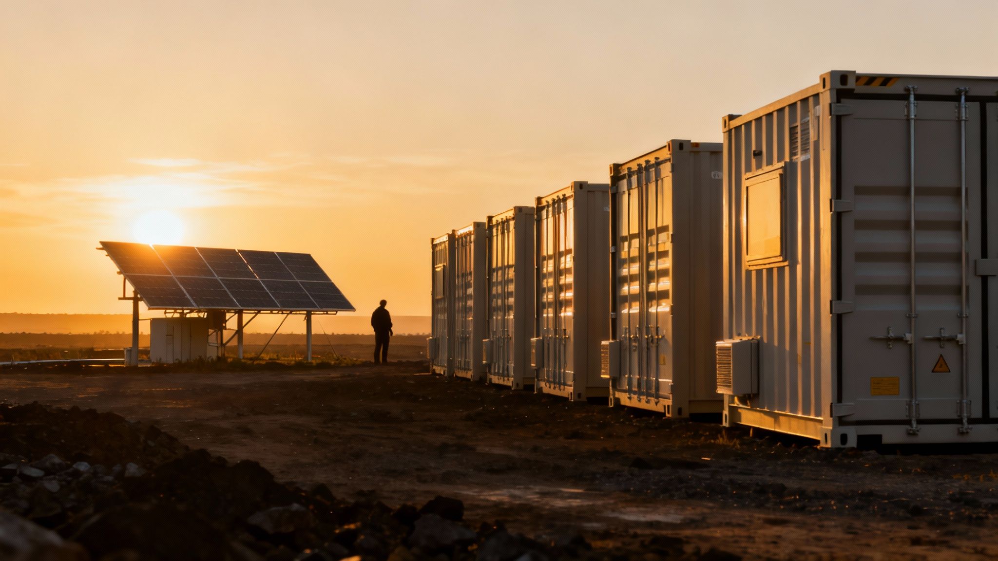 Solaranlage und Batterie-Speichercontainer bei Sonnenuntergang für erneuerbare Energie und Stromgewinnung