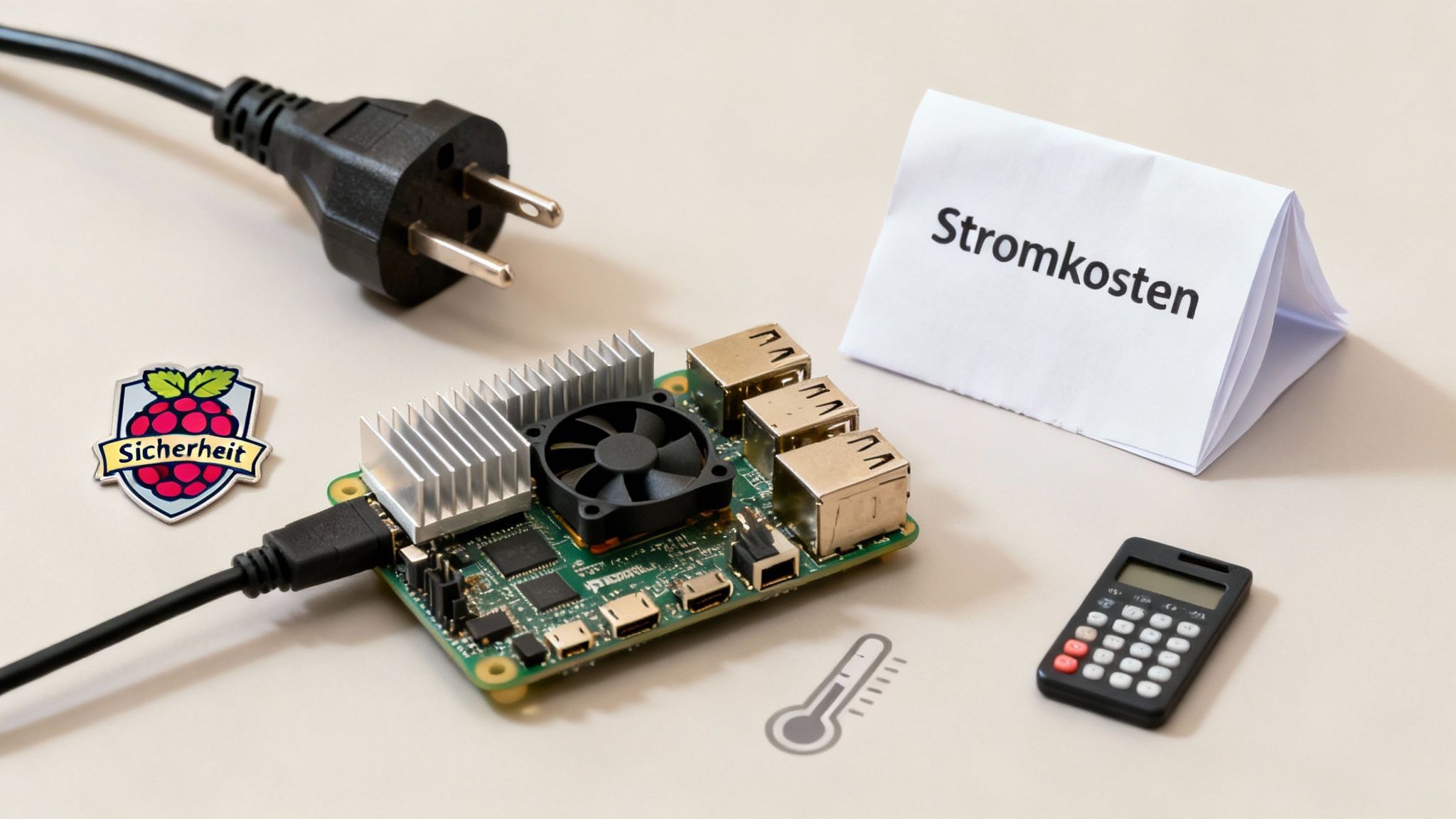 Ein Raspberry Pi mit Stromstecker, 'Stromkosten'-Schild, Rechner, Thermometer und 'Sicherheit'-Abzeichen.