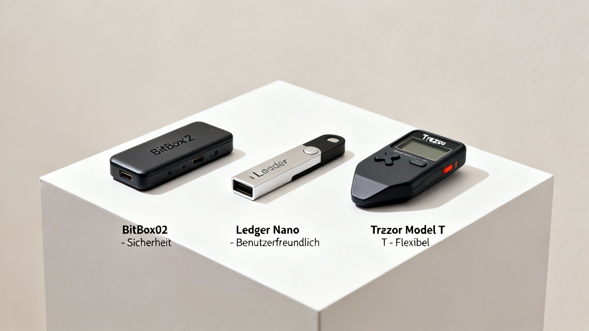 Drei führende Krypto-Hardware-Wallets: BitBox02, Ledger Nano und Trezor Model T, auf einem weißen Podest.