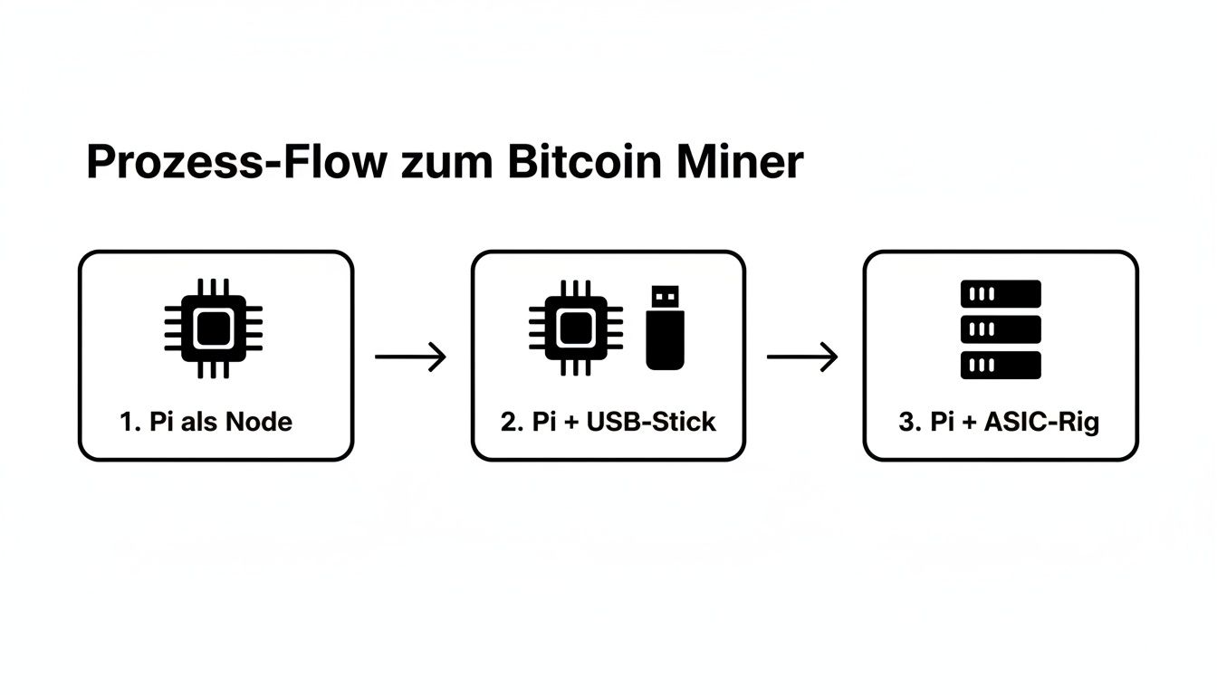 Flussdiagramm zeigt die Entwicklung eines Raspberry Pi zum Bitcoin Miner, von Node zu USB-Stick und ASIC-Rig.