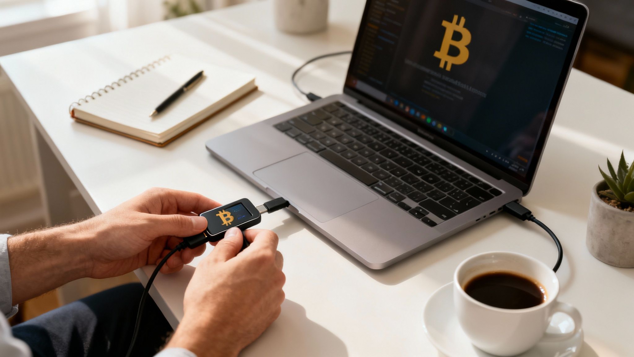 Nahaufnahme eines Mannes, der ein Bitcoin-Hardware-Wallet an einen Laptop anschließt, auf dessen Bildschirm ebenfalls das Bitcoin-Symbol zu sehen ist.