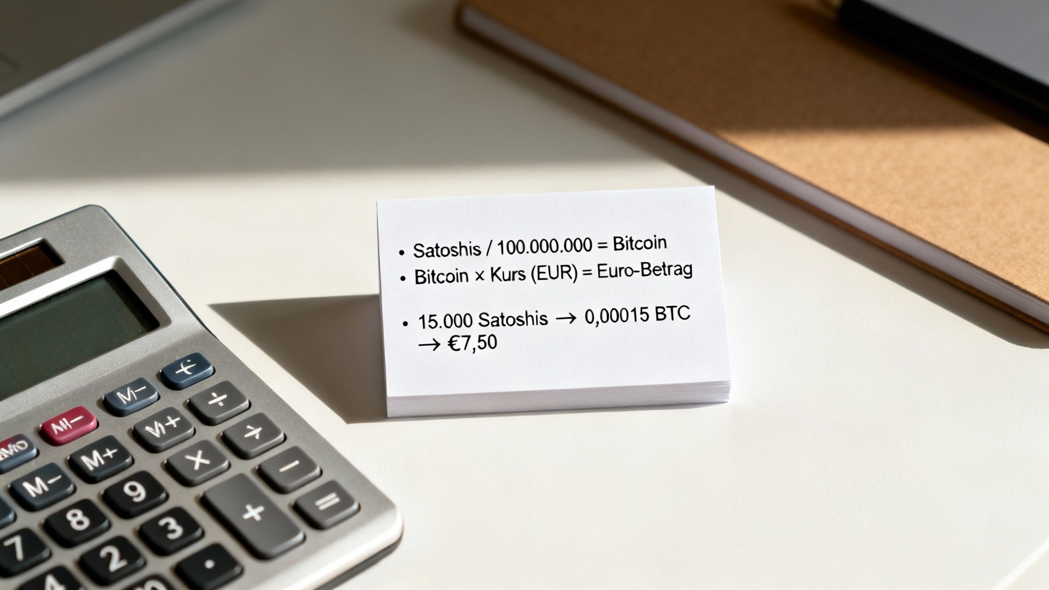 Ein Stapel Notizzettel mit Bitcoin-Umrechnungsformeln und einem Taschenrechner auf einem weißen Schreibtisch.