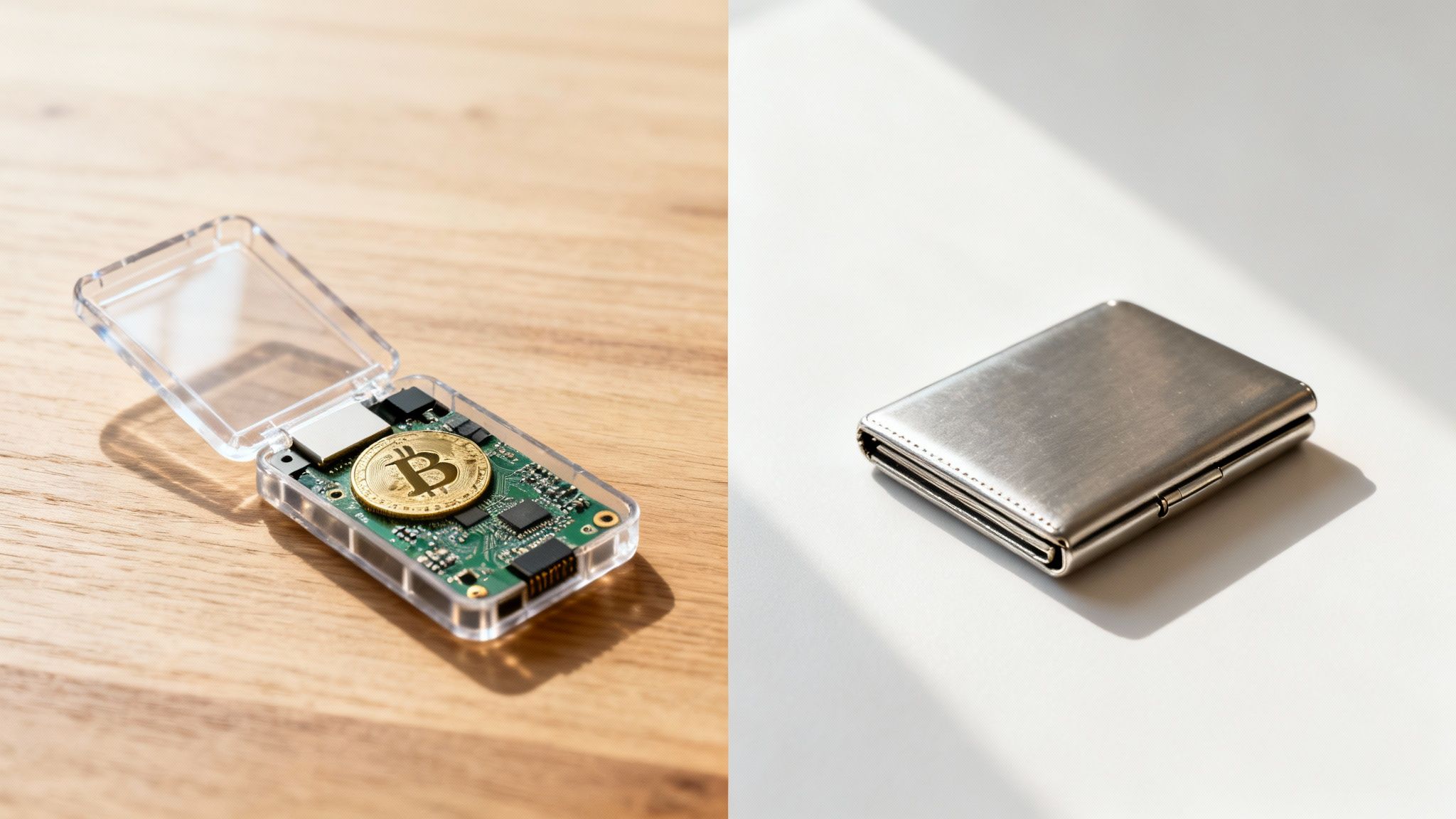 Hardware-Wallet mit Bitcoin-Münze und Metall-Brieftasche nebeneinander auf Holz- und Weißflächen.