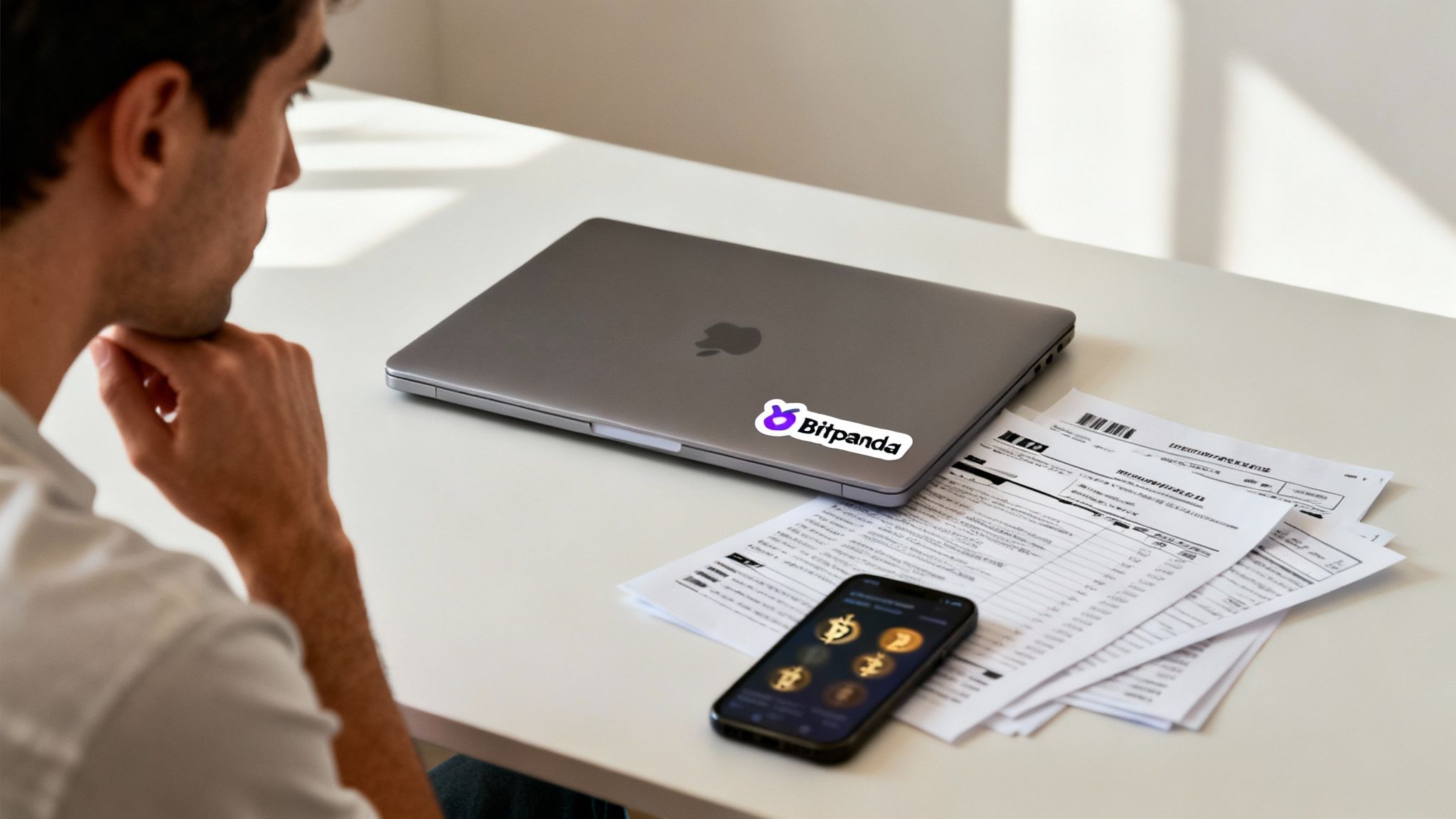 Mann schaut nachdenklich auf Laptop mit Bitpanda-Sticker, Papiere und Smartphone mit Kryptowährungen.