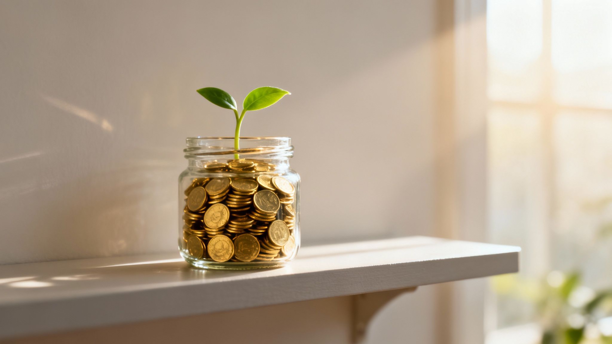 Ein Glas voller Goldmünzen mit einem kleinen grünen Pflänzchen darauf, symbolisiert Sparen und Wachstum.