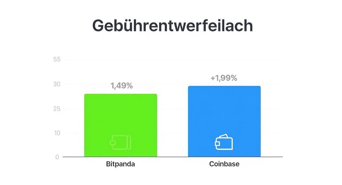 Infografik, die die Gebühren von Bitpanda (1,49%) und Coinbase (über 1,99%) in einem Balkendiagramm vergleicht.