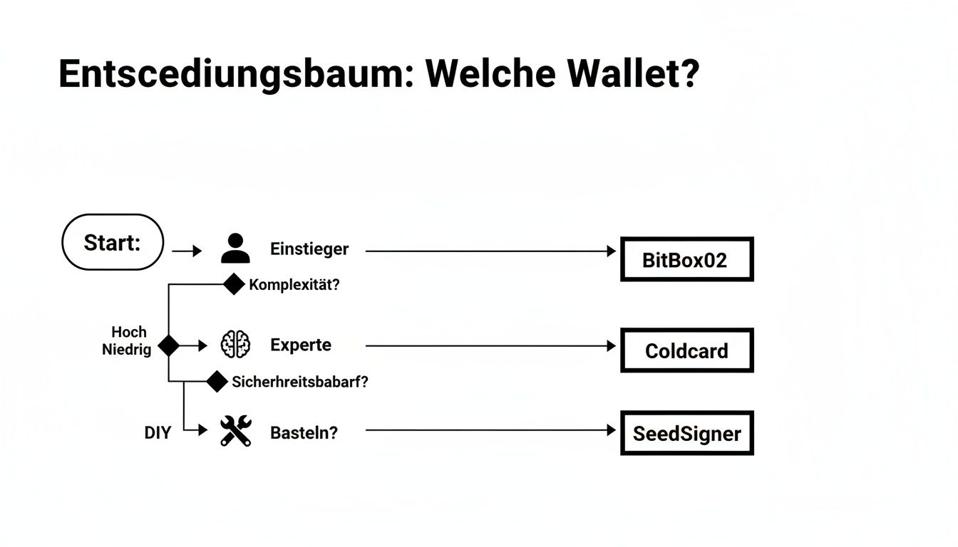 Entscheidungsbaum zur Auswahl der passenden Hardware Wallet basierend auf Erfahrung und Präferenzen.