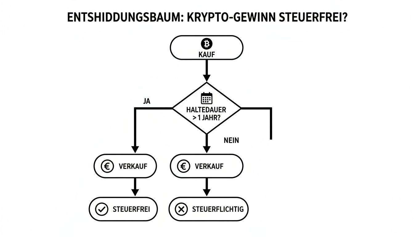 Entscheidungsbaum zur Besteuerung von Krypto-Gewinnen: Zeigt, wann Krypto-Gewinne nach Haltedauer steuerfrei sind.