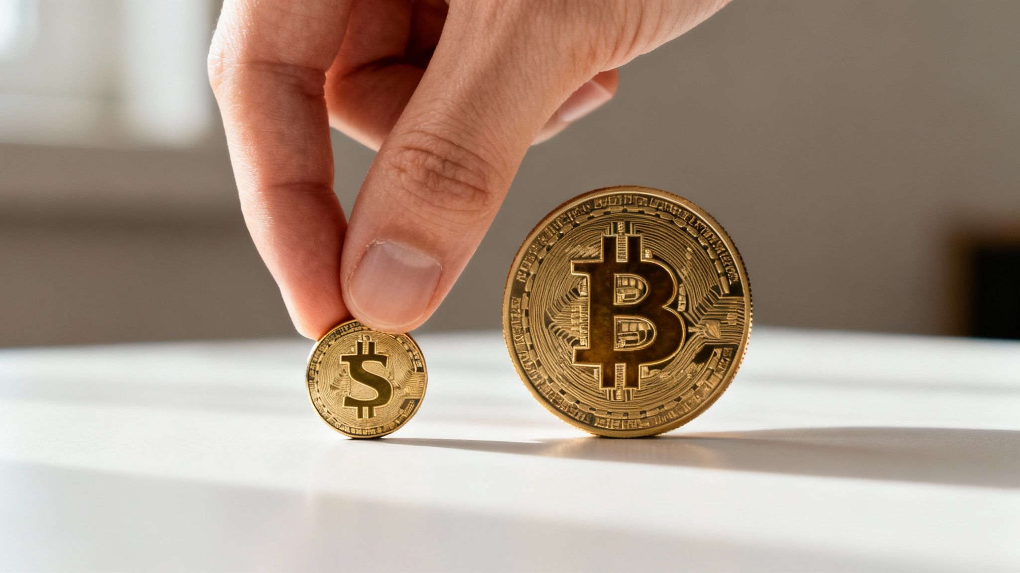 Eine Hand hält eine kleine Goldmünze mit Dollarzeichen neben einer größeren Bitcoin-Münze auf weißem Tisch.