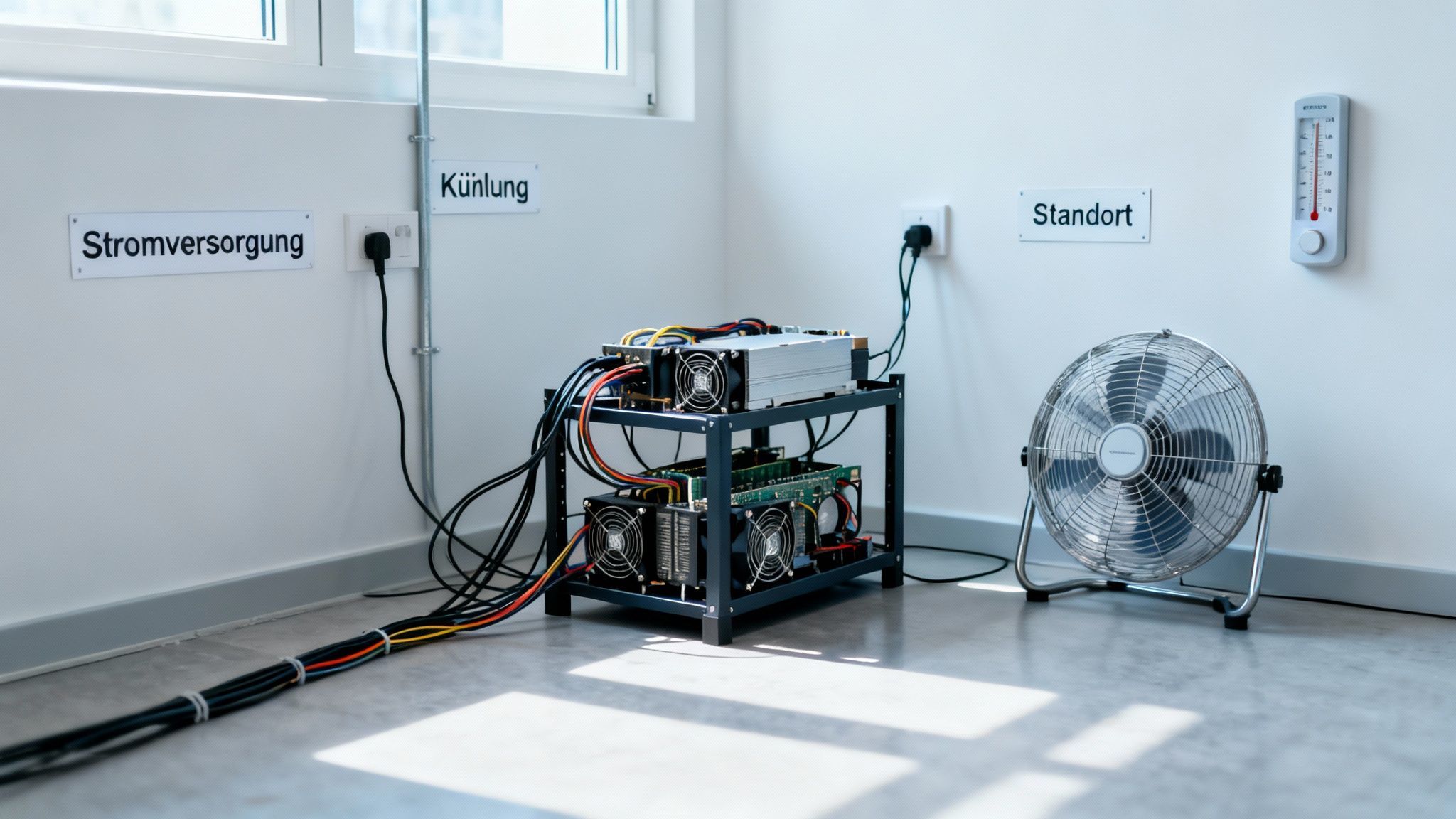 Hardware für Kryptowährungs-Mining mit Stromversorgung, Kühlung und Temperaturüberwachung in einem Raum.
