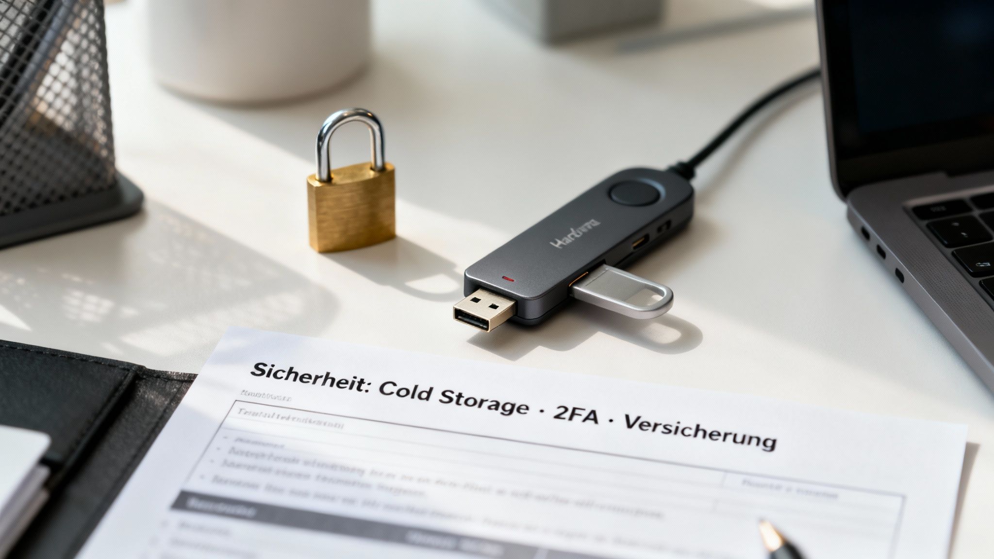 Ein Hardware-Wallet, ein Vorhängeschloss und ein Dokument über Sicherheit und Cold Storage auf einem Schreibtisch.