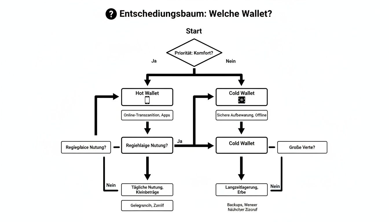 Entscheidungsbaum zur Auswahl der richtigen Krypto-Wallet basierend auf Komfort, Nutzung und Wert.