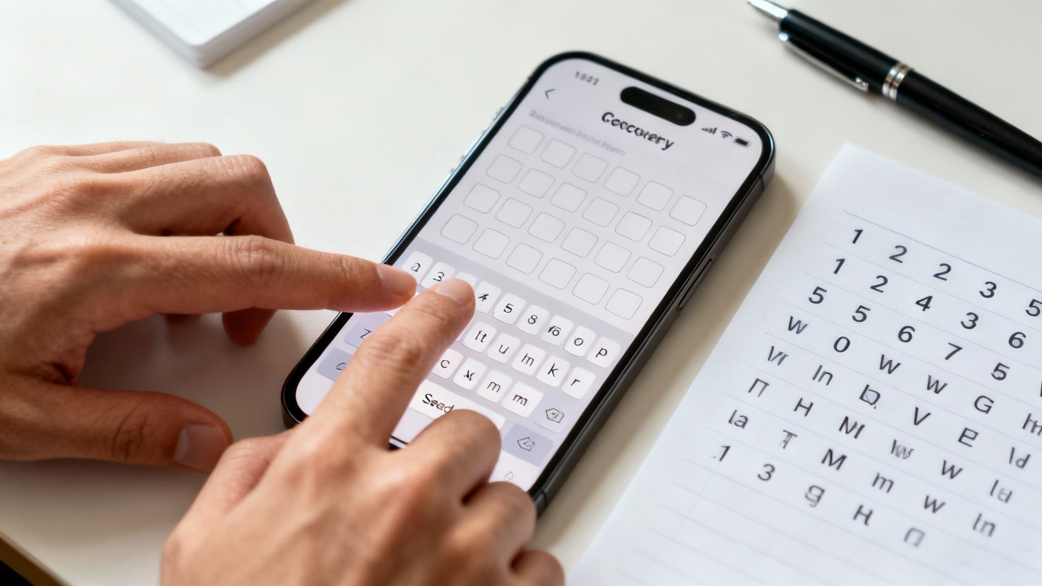 Eine Person hält ein Smartphone, das einen QR-Code anzeigt, vor eine Hardware-Wallet, was den Wiederherstellungsprozess symbolisiert.