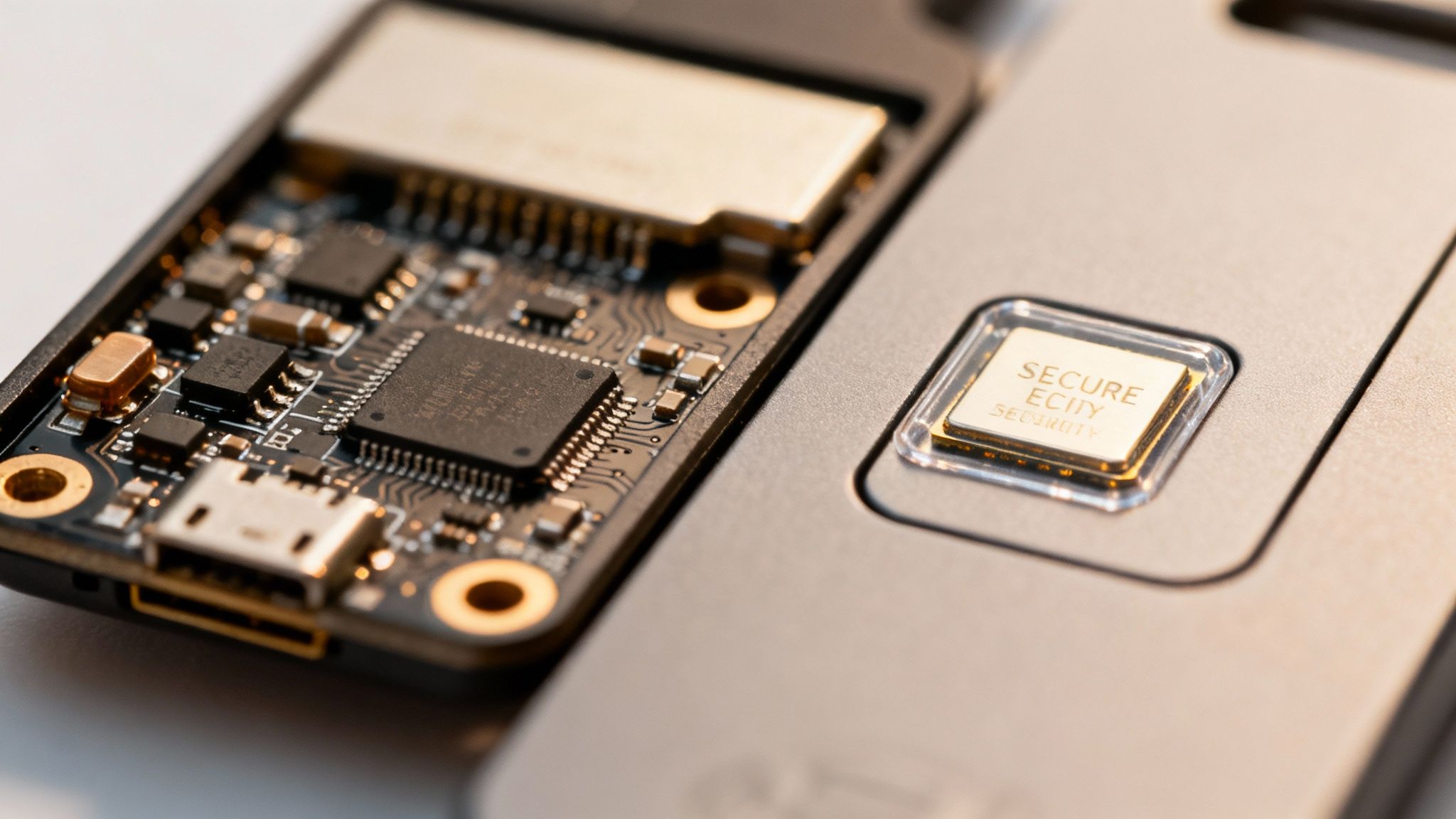 Nahaufnahme einer Platine und eines Chips mit 'SECURE SECURITY' Aufschrift, der Sicherheitshardware darstellt.