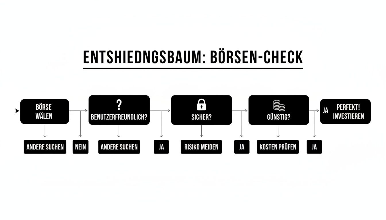 Flussdiagramm zur Entscheidungsfindung für eine Krypto-Börse, basierend auf Benutzerfreundlichkeit, Sicherheit und Kosten.