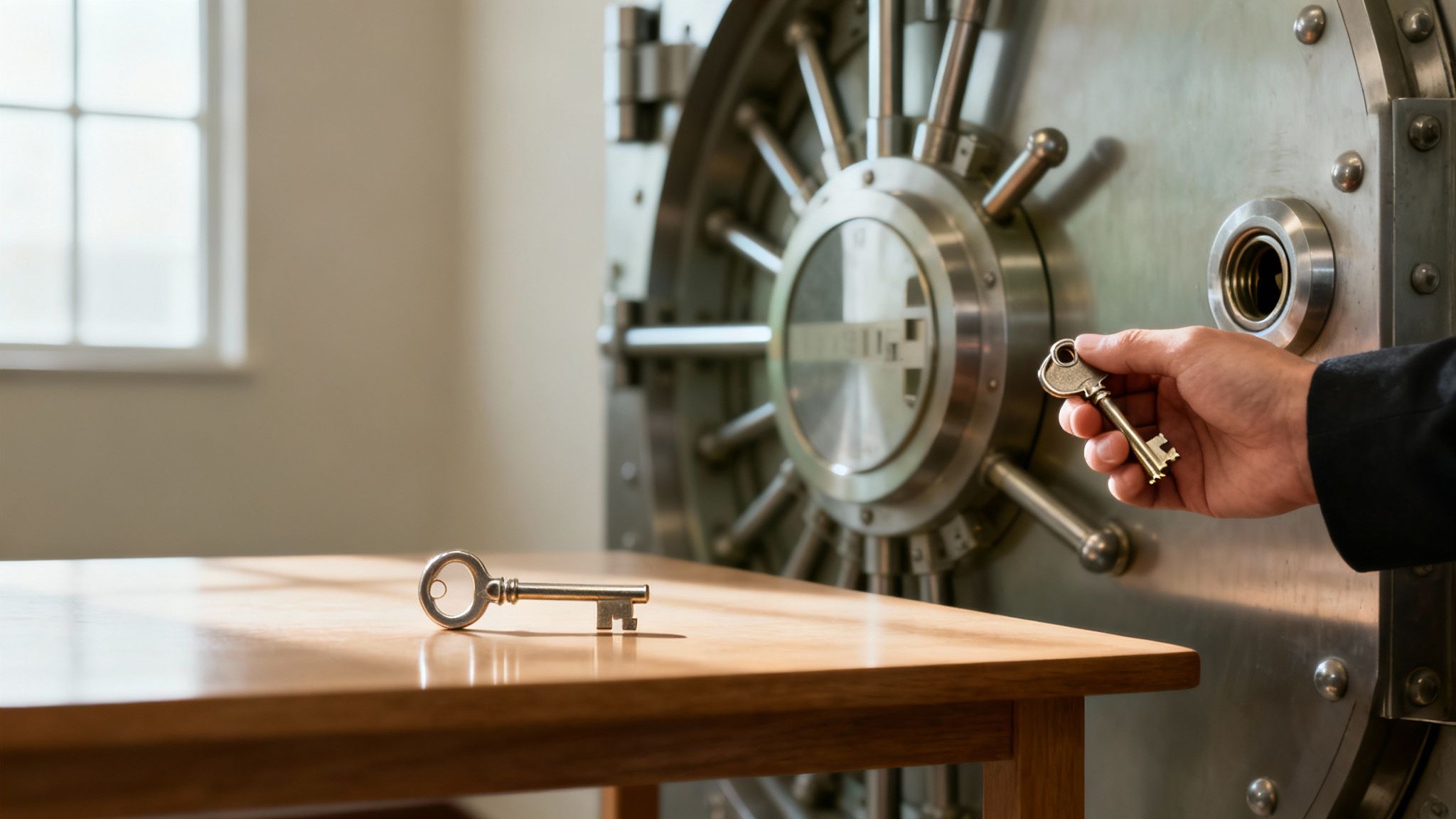 Eine Hand hält einen Schlüssel vor einer großen Banktresortür, während ein weiterer Schlüssel auf einem Holztisch liegt.