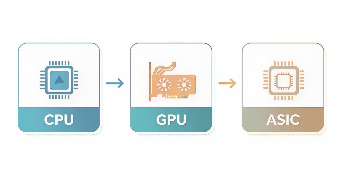 Darstellung der Evolution von Bitcoin-Mining-Hardware: CPU, GPU und ASIC-Chips mit Verbindungspfeilen