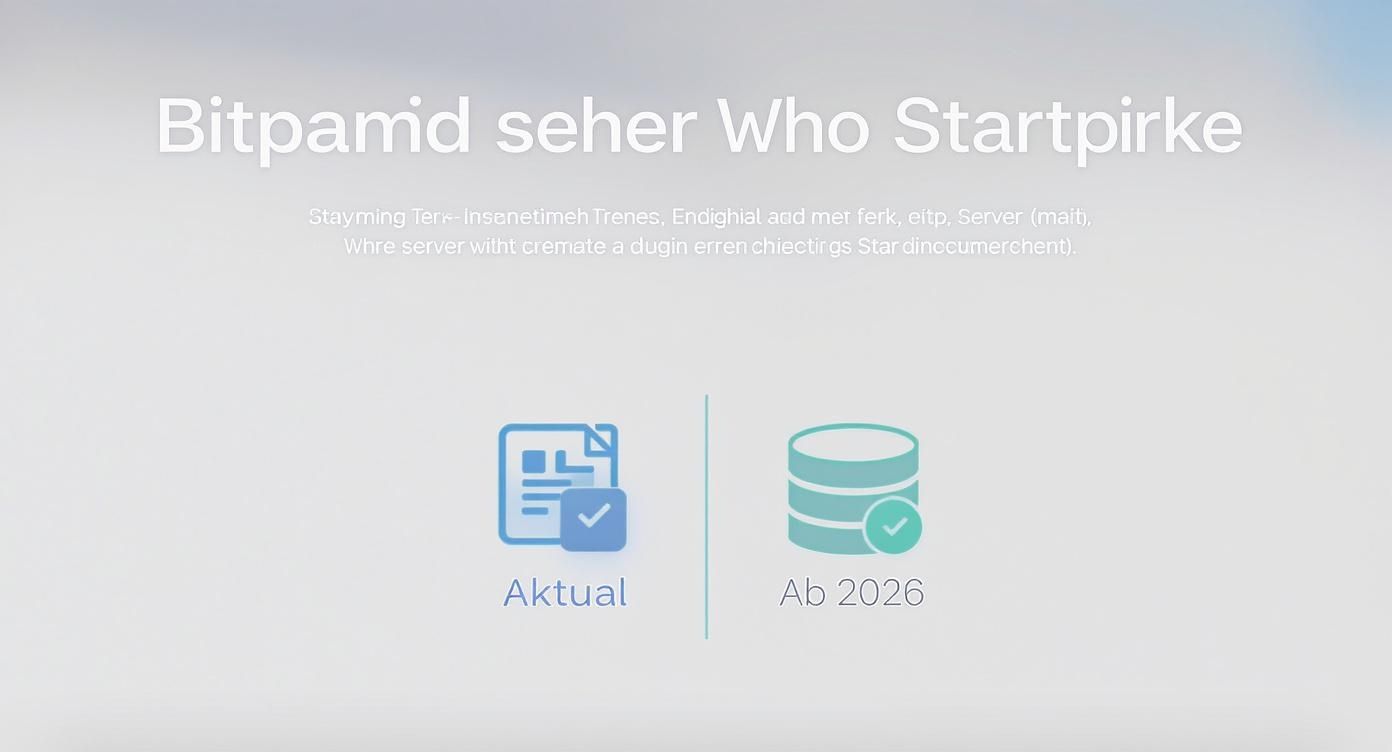 Zwei Symbole: Ein Dokument mit Häkchen ('Aktual') und eine Datenbank mit Häkchen ('Ab 2026').