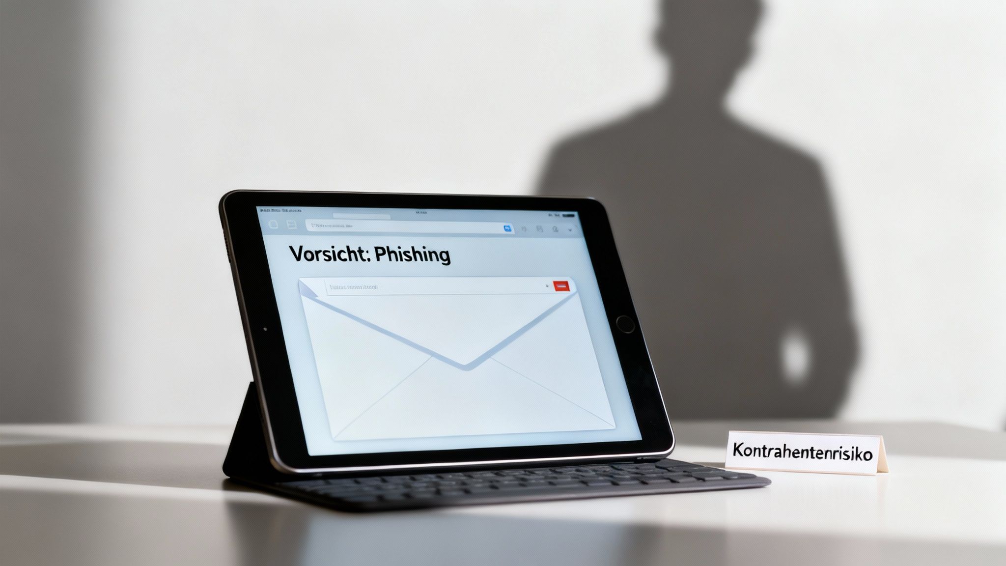 Ein Tablet zeigt eine Phishing-Warnung und eine E-Mail. Im Hintergrund der Schatten einer Person und ein Schild mit „Kontrahentenrisiko“.