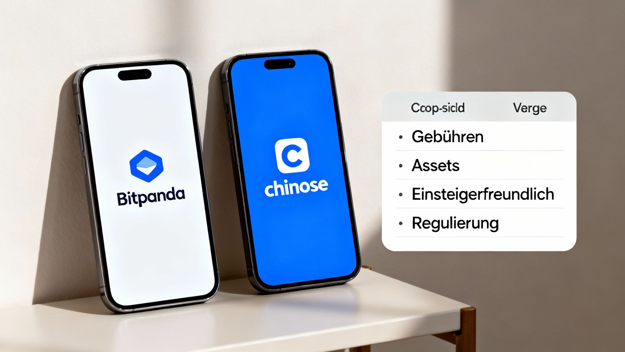 Zwei Smartphones zeigen die Logos von Bitpanda und Chinose. Daneben eine Liste mit Vergleichskriterien wie Gebühren und Regulierung.
