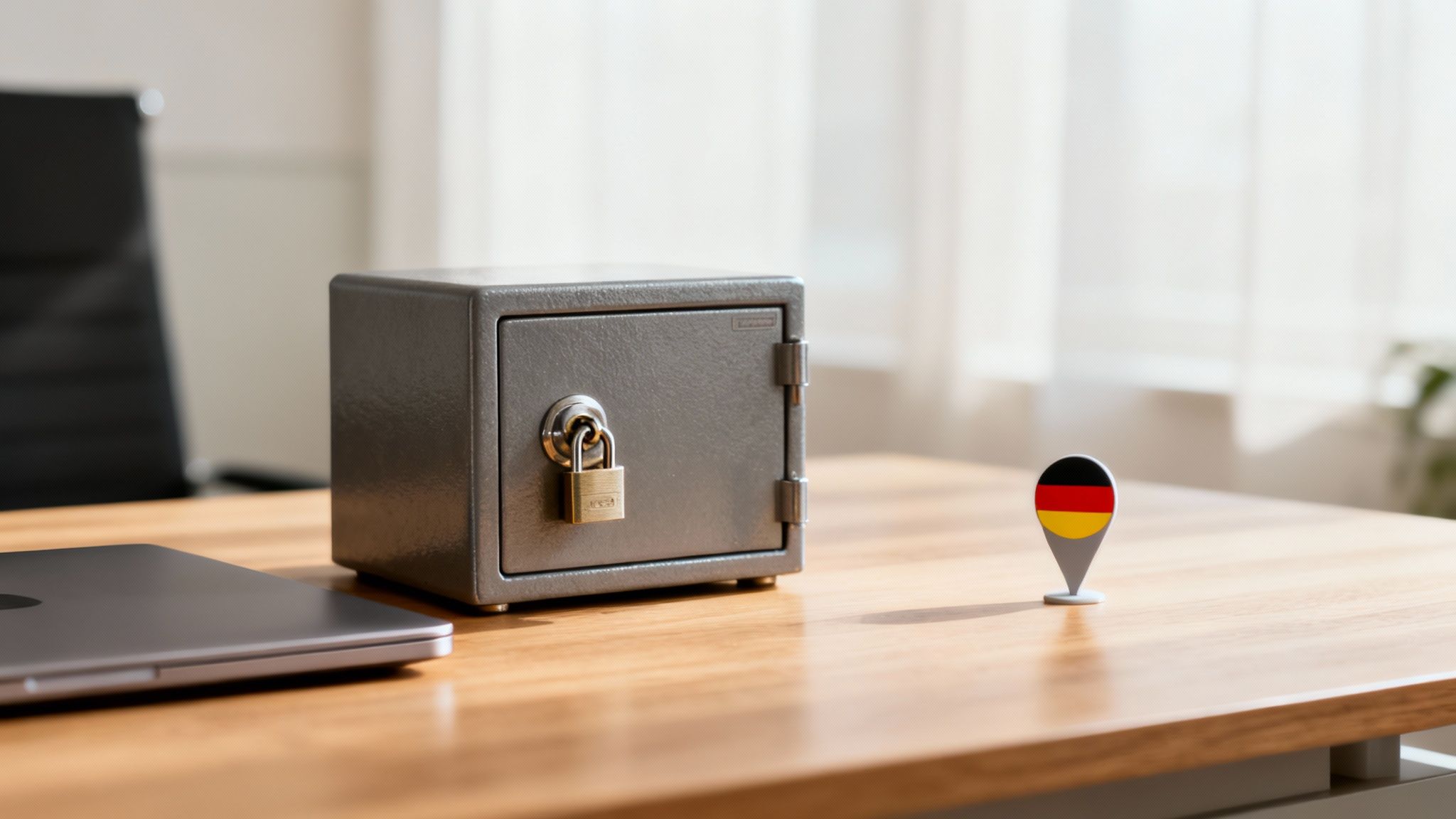 Ein kleiner grauer Safe mit Vorhängeschloss steht auf einem Holztisch neben einem Laptop und einem Deutschland-Flaggenpin.