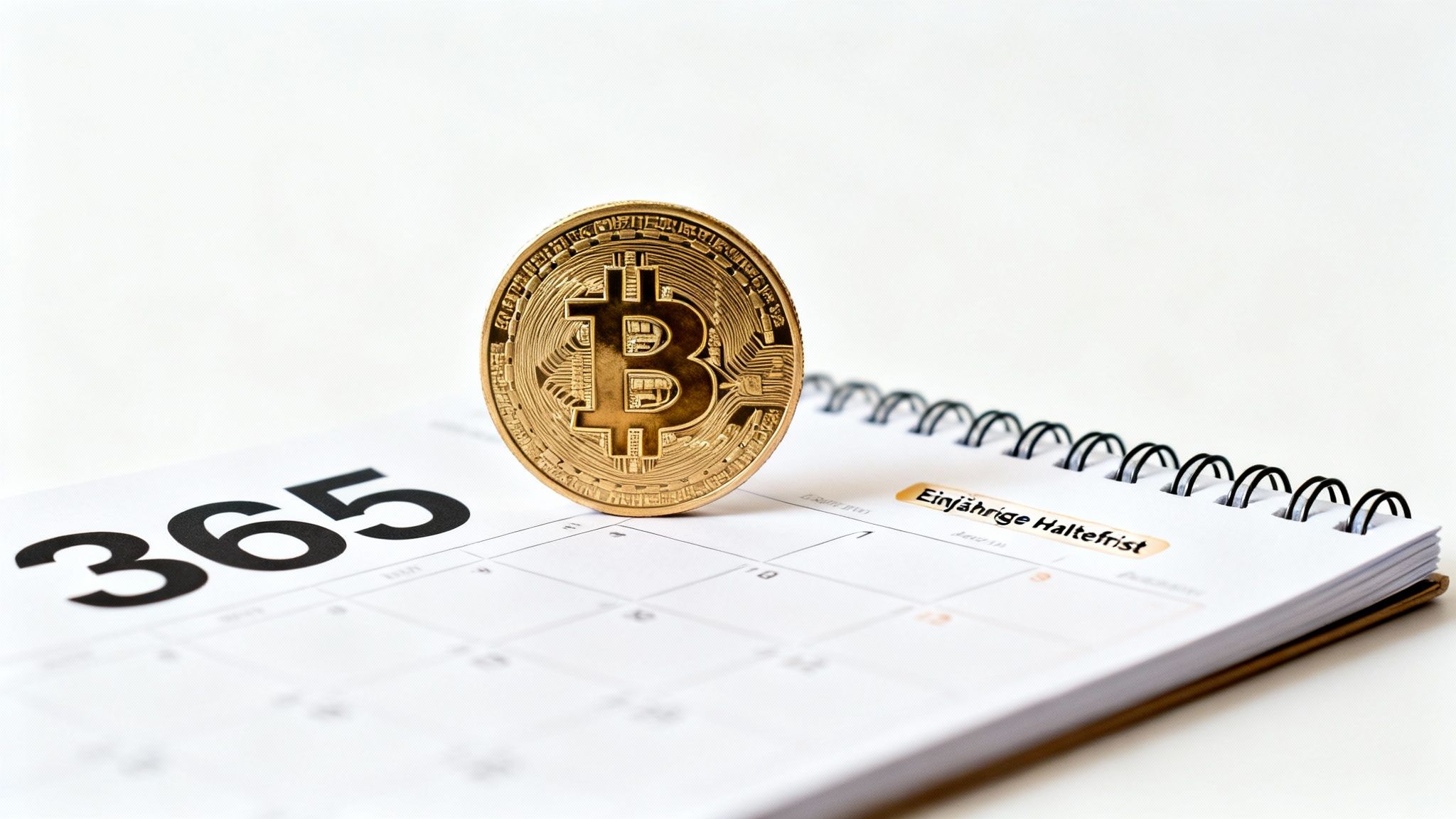 Eine goldene Bitcoin-Münze steht auf einem Kalender, der '365' und 'Einjährige Haltefrist' zeigt.