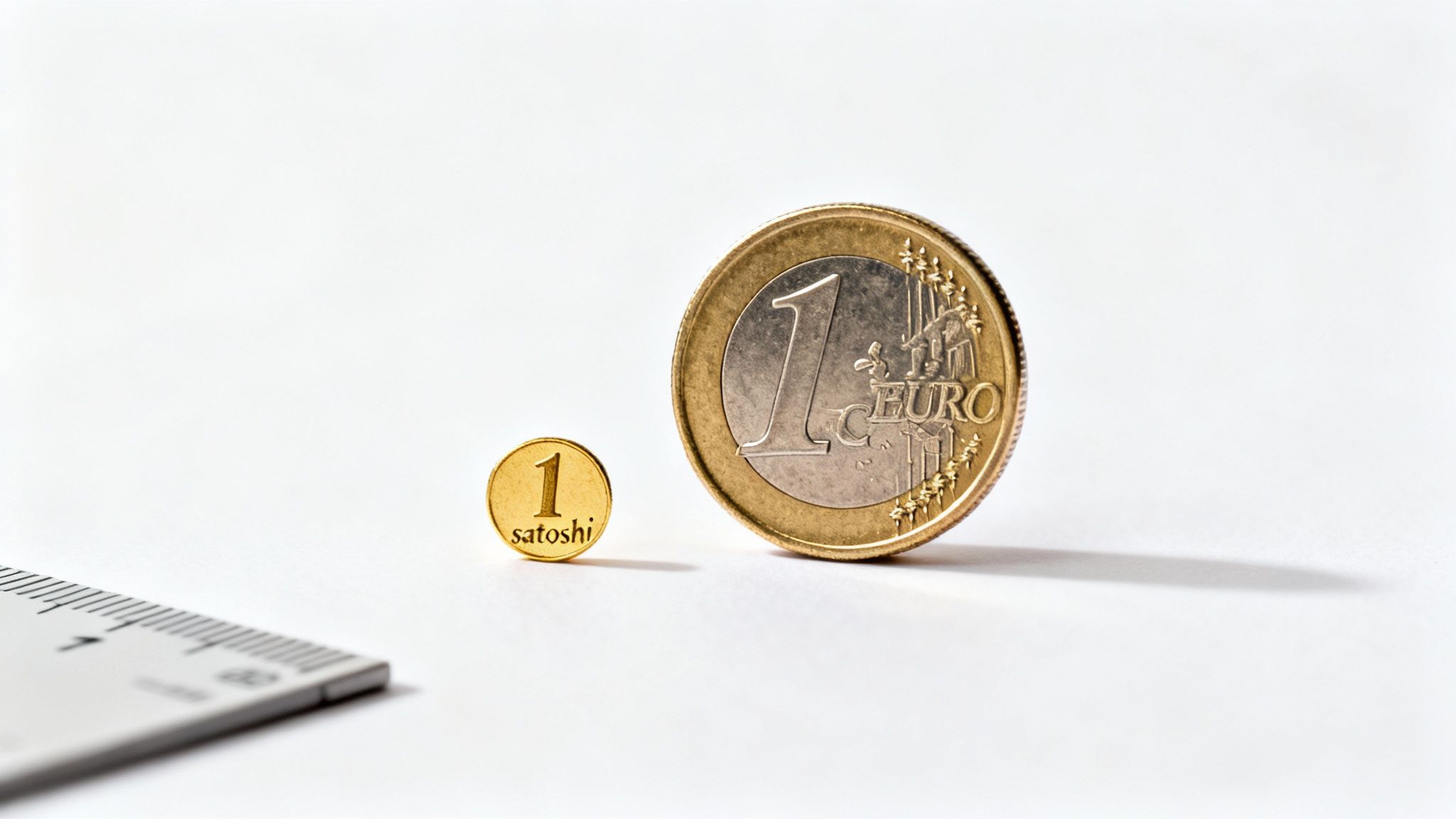Ein kleiner 1-Satoshi-Coin neben einem größeren 1-Euro-Coin auf weißem Hintergrund mit einem Lineal.