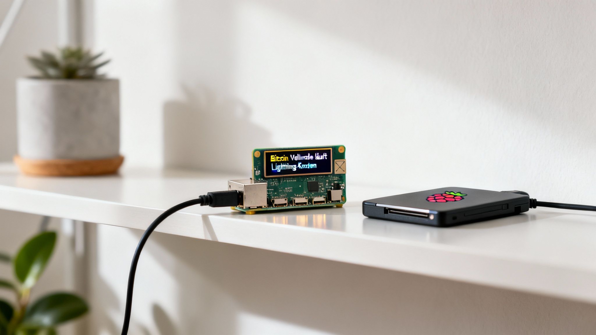 Ein kleines grünes Gerät mit Bitcoin- und Lightning-Anzeige und ein Raspberry Pi auf einem weißen Regal.