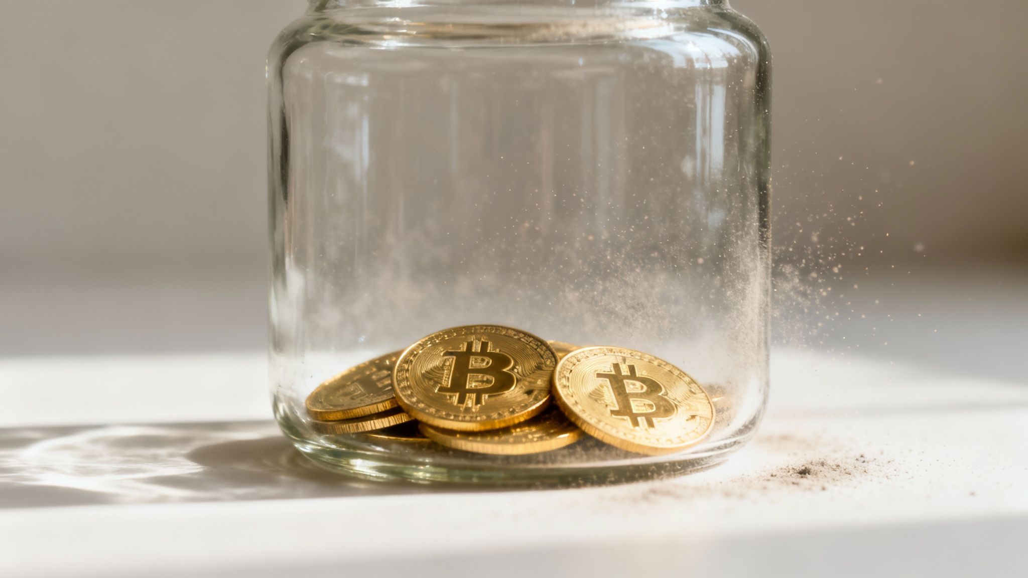 Goldene Bitcoin-Münzen liegen in einem leeren Glasgefäß, umgeben von schwebenden Staubpartikeln.