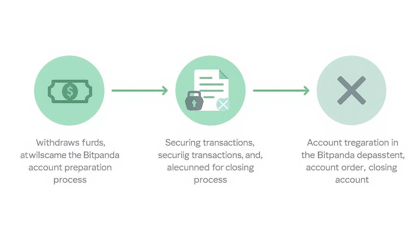 Ablauf zum Schließen eines Bitpanda-Kontos mit Geldauszahlung und Transaktionssicherung in drei Schritten.