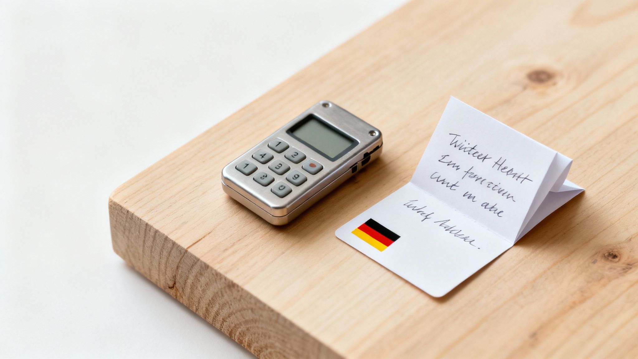 Krypto-Hardware-Wallet neben handgeschriebener Notiz mit deutschen Wörtern auf Holztisch, Sicherheitskonzept für digitale Währungen